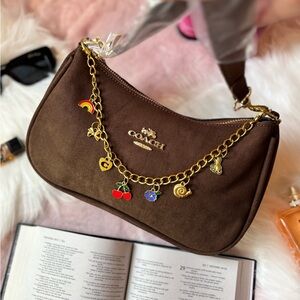 Coach Chocolate Brown Shoulder Bag with Gold Charm Chain